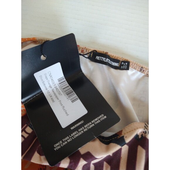 NWT Pretty Little Thing Bikini Top 10 Bottom 8 orange newspaper print ruched tie - Picture 6 of 12